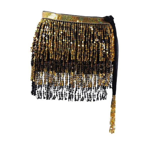 Sequin Tassel Skirt Women Belly Dance Hip Scarf Wrap for Samba Cha Cha Party Gold and Black