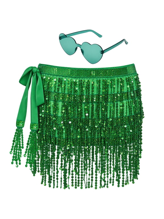 Sequin Tassel Skirt for Women, Fringe Wrap Skirt Halloween Costume Accessory for Dance Party Festival Outfit Green