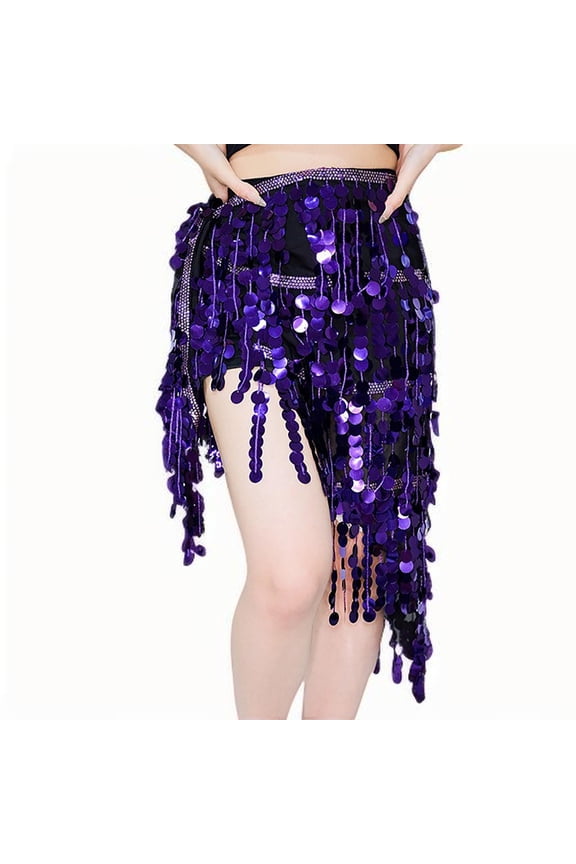 Sequin Tassel Wrap Skirts Womens Sparkly Fringe Triangle Hip Scarf Skirt Belt Bell Dance Rave Waist Chain Purple, Free Size
