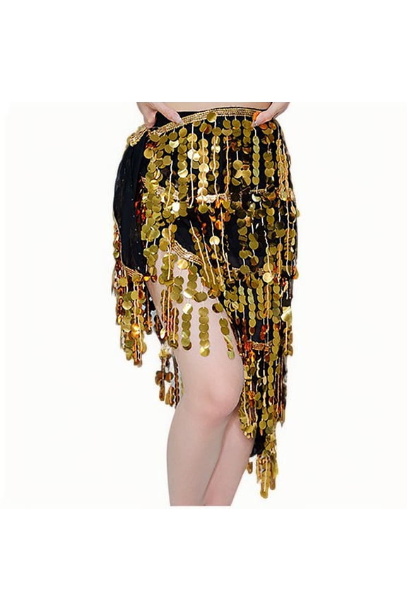 Sequin Tassel Wrap Skirts Womens Sparkly Fringe Triangle Hip Scarf Skirt Belt Bell Dance Rave Waist Chain Yellow, Free Size