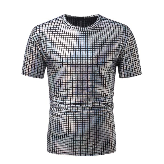 Sequin Tee for Men Metallic Stylish Short Sleeves Crew Neck Nightclub Party T-Shirts Retro 70s Disco Prom Costume