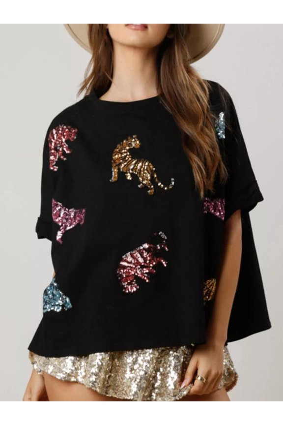 Sequin Tiger Round Neck T-Shirt