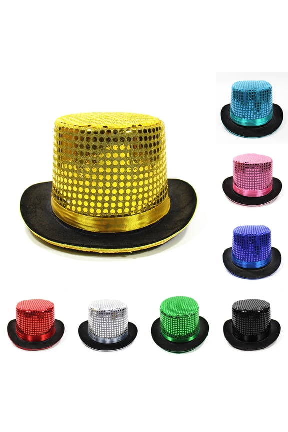 Sequin Top Hat for Adults - Glittery Stage Magician Jazz Hat, Shiny Carnival Party Prop & Costume Accessory, Vintage Nightclub Performance Headwear Gold
