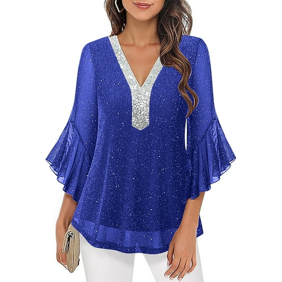 Sequin Top Sevevn Women's Ruffle 3/4 Sleeve Sparkly Tops Sequin V Neck Blouses Dressy Fall Shirts