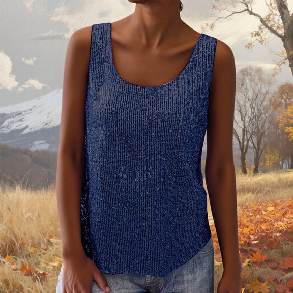 Sequin Top for Women Sleeveless Navy Sparkle Vest Shiny Tops Glitzy Tops Women'S Holiday Tops