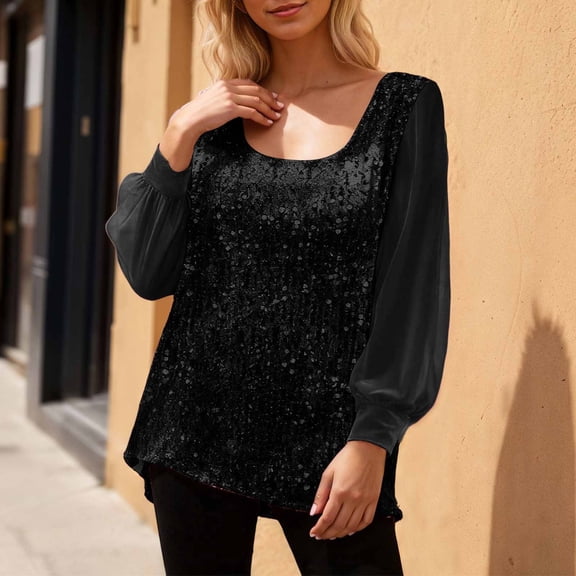 Sequin Tops For Women Loose Fit Crew Neck Loose Fit Casual Long Sleeve Sparkly T Shirt Party Carnival Shiny Blouses Pullover Outfits Black L