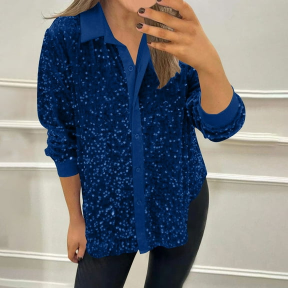 Sequin Tops For Women Sparkly Tops For Women Casual Party Club Button Down Shirt Blue 2XL