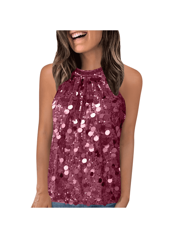 Sequin Tops For women Halter Glitter Camisole Cocktail Shimmer Vest Sparkly Dressy Keyhole Sleeveless Shirt Blouse for Night Club Party