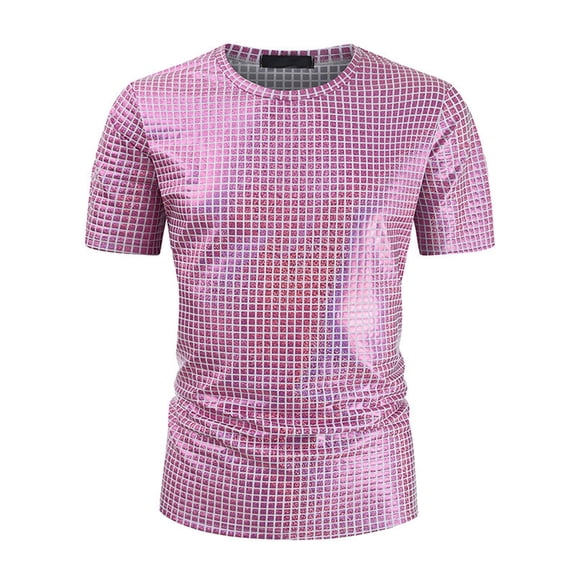 Sequin Tops For Men Holiday Fashion Loose Fit Crew Neck Short Sleeve Sparkly T Shirt Casual Comfortable Party Carnival Shiny Tee Pullover Outfits Purple XXL