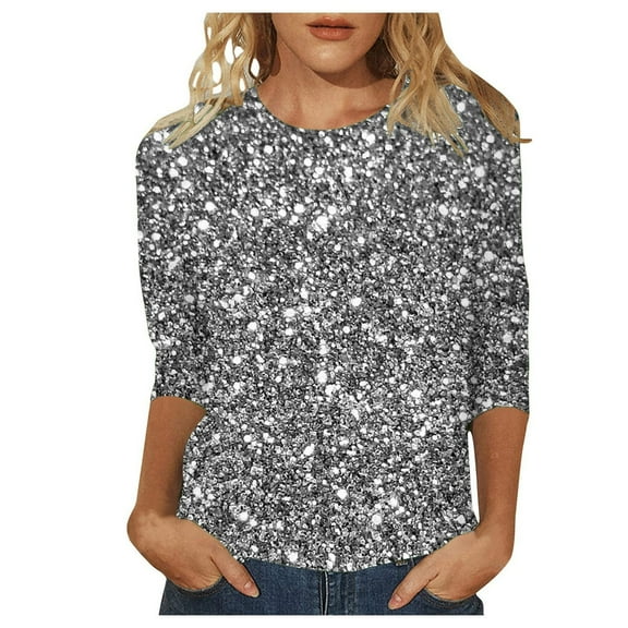 Sequin Tops Women 2026 Mardi Gras Glitter Print 3/4 Length Sleeve Crewneck T-Shirts Party Vacation Casual Outfits Classic Fit Blouses