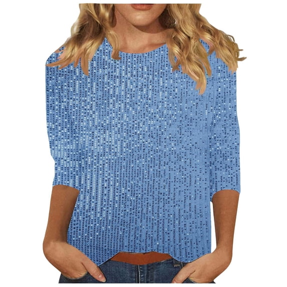 Sequin Tops for Women 3/4 Sleeve Crewneck Shiny Shirts Lightweight Sparkle Glitter Dressy Casual Blouses Party Night Going Out Tops Trendy Tunic Tshirts