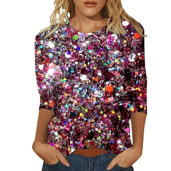 Sequin Tops For Women Night Out 3/4 Sleeve Round Neck Sparkly T Shirt Fashion Floral Print Casual Breathable Party Carnival Shiny Blouses Pullover Outfits Hot Pink XXL