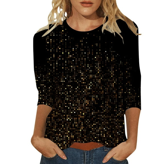 Sequin Tops For Women Trendy 3/4 Sleeve Round Neck Sparkly T Shirt Fashion Floral Print Casual Breathable Party Carnival Basic Shiny Tee Vacation Clothes Black L