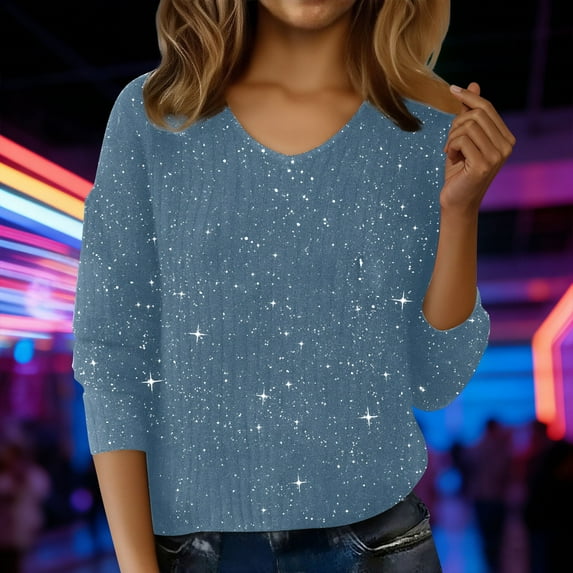 Sequin Tops for Women V Neck Long Sleeve Shirts Cozy Sparkly Holiday Sweater Soft Casual Loose Pullover Top 2026,Evening Sparkly Glitter Sliver Printed Fashion Dressy Party Club Shirts Light Blue M