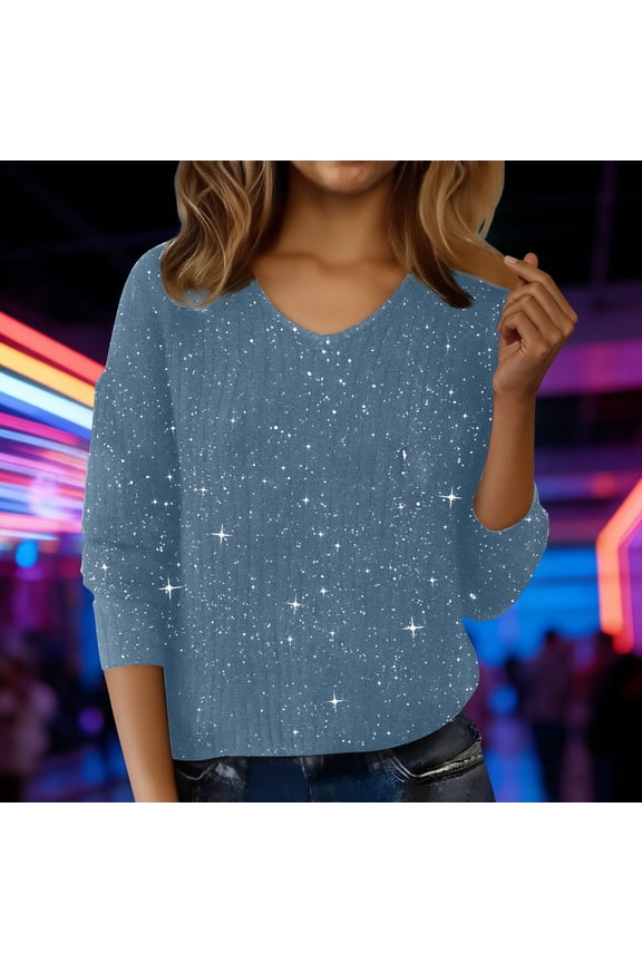 Sequin Tops for Women V Neck Long Sleeve Shirts Cozy Sparkly Holiday Sweater Soft Casual Loose Pullover Top 2026,Evening Sparkly Glitter Sliver Printed Fashion Dressy Party Club Shirts Light Blue S