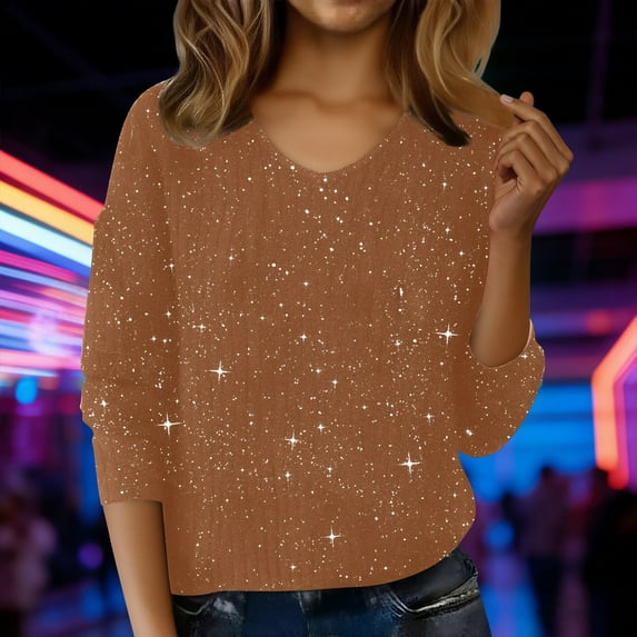 Sequin Tops for Women V Neck Long Sleeve Shirts Cozy Sparkly Holiday Sweater Soft Casual Loose Pullover Top 2026,Evening Sparkly Glitter Sliver Printed Fashion Dressy Party Club Shirts Gold Xxl