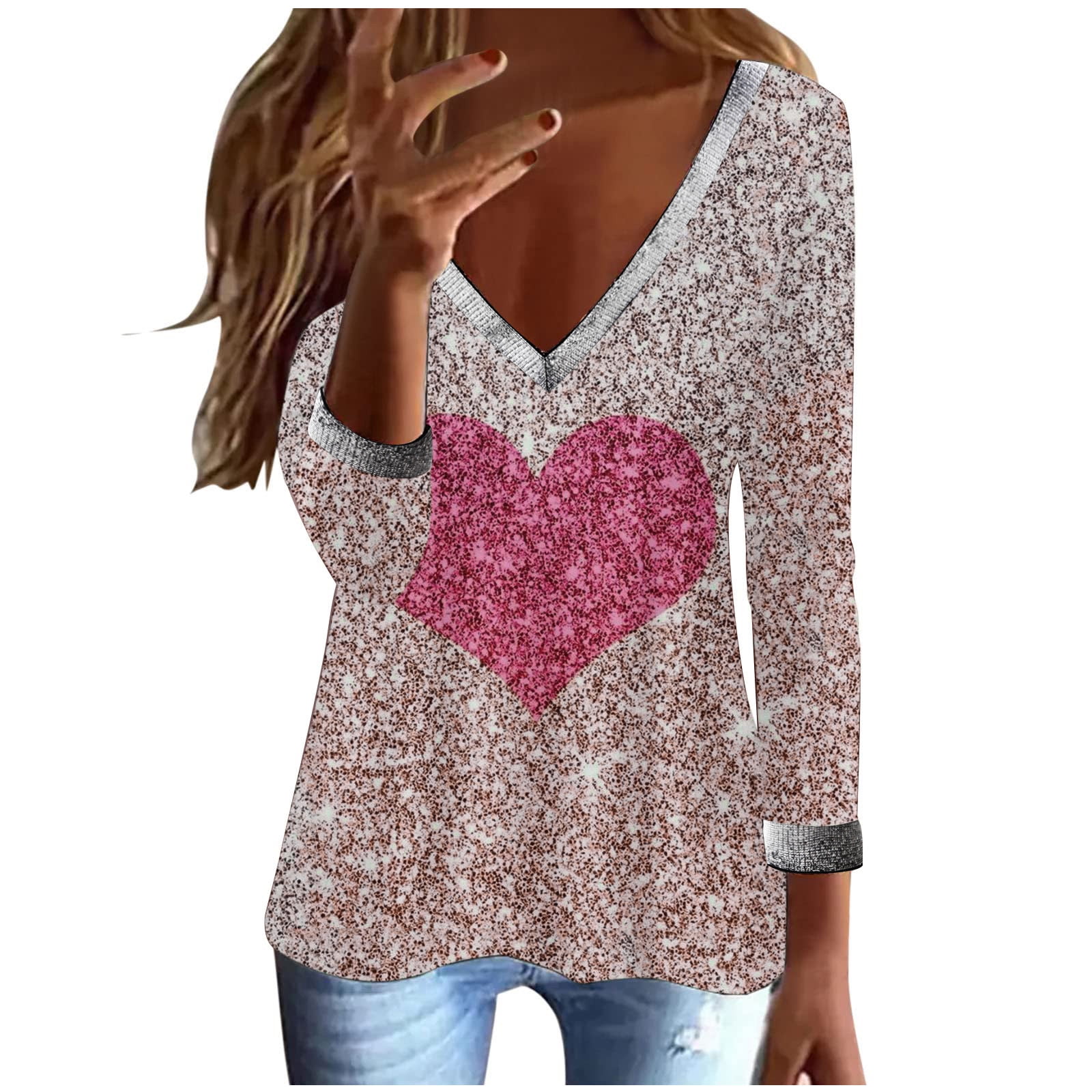 Sequin Tops Women's Long Sleeve T-shirts V Neck Love Heart Printed Sparkle  Valentines Dressy Casual Tee Blouses 