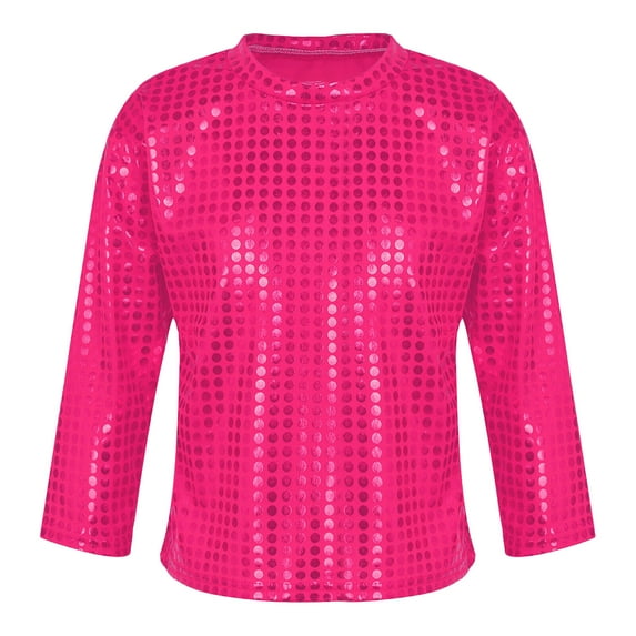 Sequin Tops for Kids Girls Long Sleeve Crewneck T-Shirts Sparkly Glitter Casual Pullover Party Carnival Gown Hot Pink 4-5 Years
