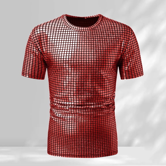 Sequin Tops for Men Party Night Crew Neck Short Sleeve Slim Fit Casual Dressy Sparkly T Shirt Fashion Carnival Shiny Tee Pullover Outfits Red S