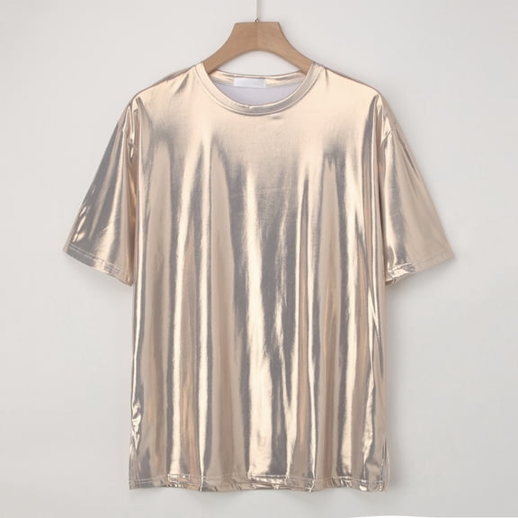 Sequin Tops for Men Party Night Lightweight Round Neck Casual Short Sleeve Sparkly T Shirt Versatile Carnival Shiny Tee Pullover Outfits Gold XL