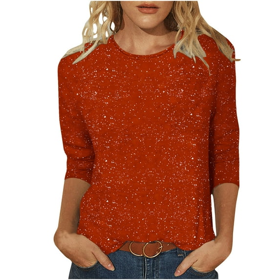Sequin Tops for Women 2024 Crewneck Casual Long Sleeve Tops for Women Loose Fit Solid Color Softy Going Out Tops Trendy(Orange,L)