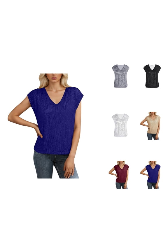 Sequin Tops for Women 2026 Summer Short Sleeve V Neck Glitter Sparkly Tshirt Night out Top Clubwear