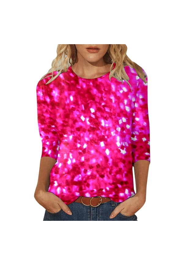 Sequin Tops for Women 3/4 Sleeve Loose Fit Dressy Sparkly Blouses Round Neck Fashion Party Glitter Shirts