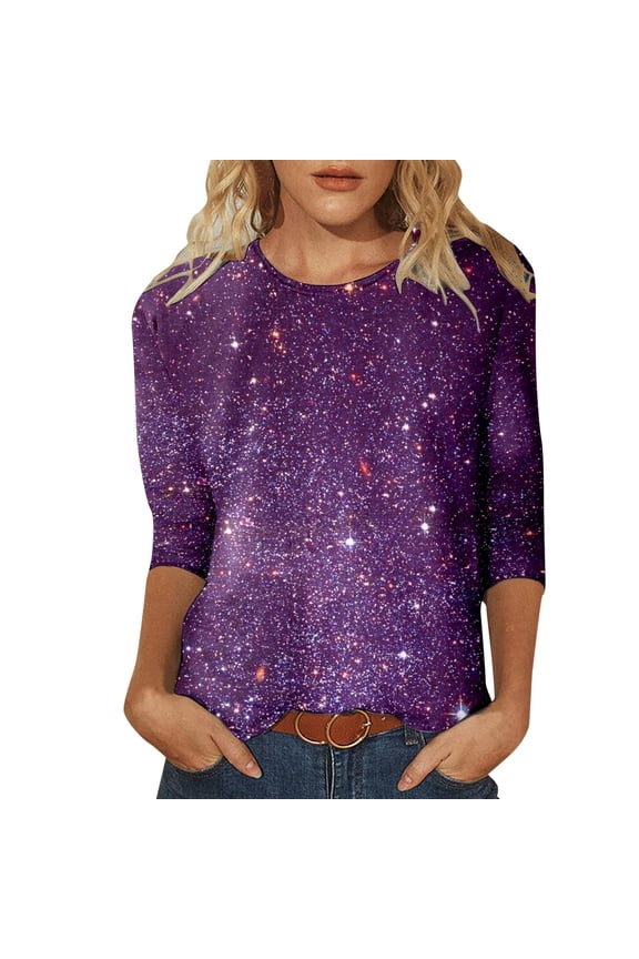 Sequin Tops for Women 3/4 Sleeve Loose Fit Dressy Sparkly Blouses Round Neck Fashion Party Glitter Shirts