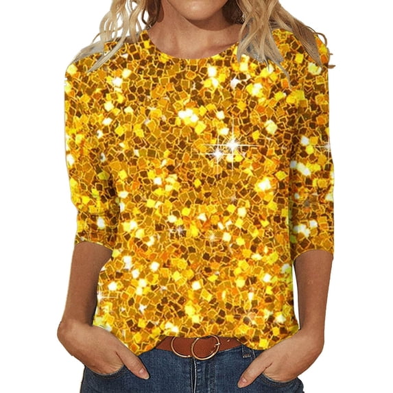 Sequin Tops for Women 3/4 Sleeve Loose Fit Dressy Sparkly Blouses Round Neck Fashion Party Glitter Shirts