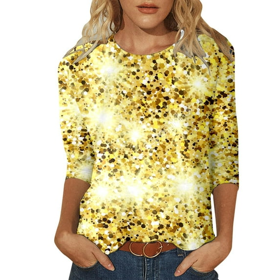Sequin Tops for Women 3/4 Sleeve Loose Fit Dressy Sparkly Blouses Round Neck Fashion Party Glitter Shirts