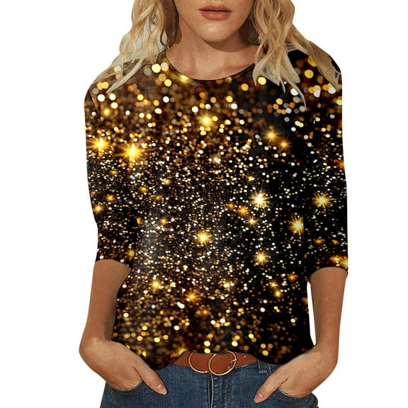 Sequin Tops for Women 3/4 Sleeve Loose Fit Dressy Sparkly Blouses Round Neck Fashion Party Glitter Shirts