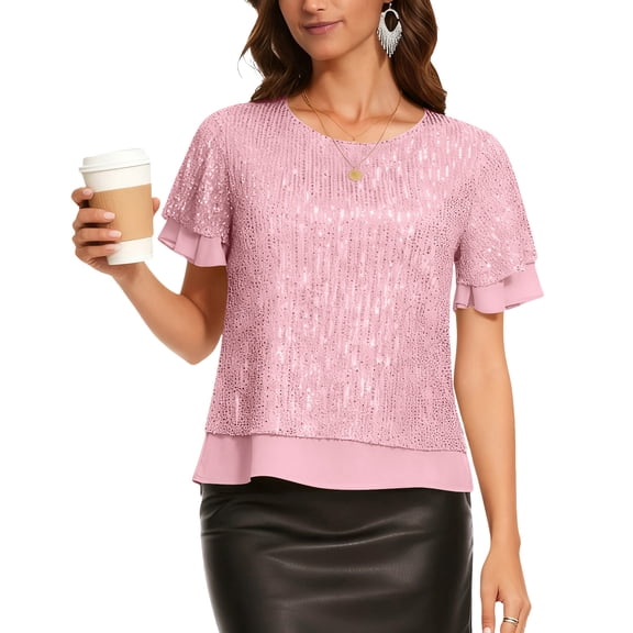 Sequin Tops for Women Crewneck Short Sleeve Ruffle Hem Shirts Shiny Dressy Fall Clothes for Club Wedding Guest Evening Party Tops