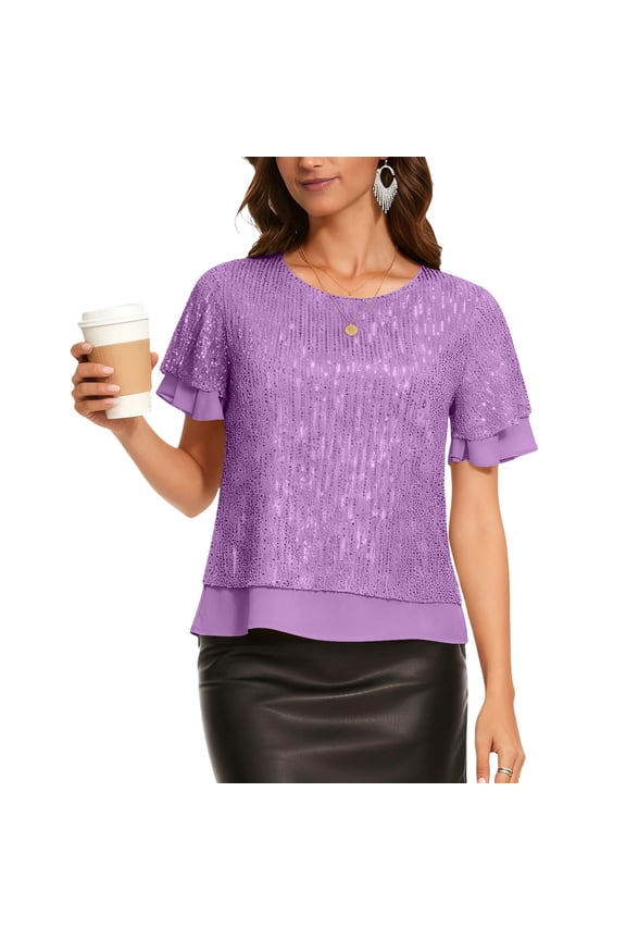 Sequin Tops for Women Crewneck Short Sleeve Ruffle Hem Shirts Shiny Dressy Fall Clothes for Club Wedding Guest Evening Party Tops