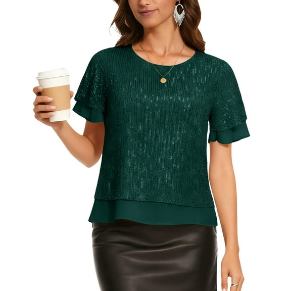 Sequin Tops for Women Crewneck Short Sleeve Ruffle Hem Shirts Shiny Dressy Fall Clothes for Club Wedding Guest Evening Party Tops