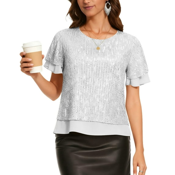 Sequin Tops for Women Crewneck Short Sleeve Ruffle Hem Shirts Shiny Dressy Fall Clothes for Club Wedding Guest Evening Party Tops