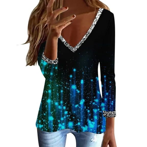 Sequin Tops for Women Deep V Neck Long Sleeve Glitter Graphic Print Tee Shirts Business Casual Loose Fit Tunic Blouses