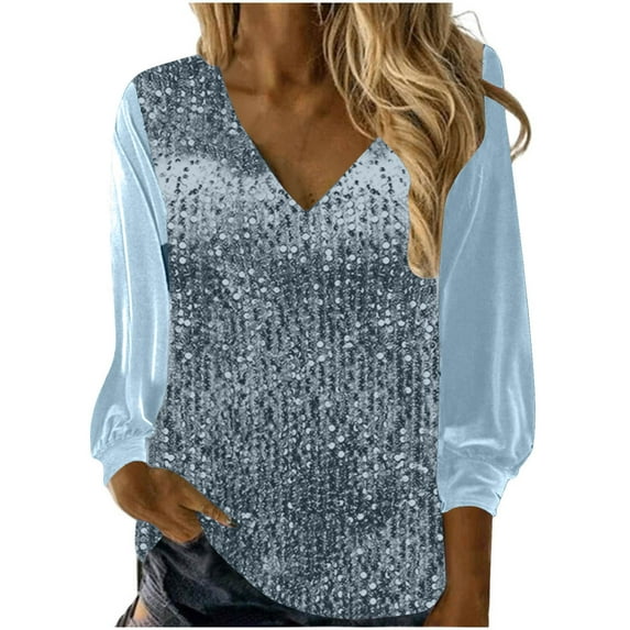 Sequin Tops for Women Dressy Casual Soft Velvet Long Sleeve V Neck Sparkly Elegant Blouses Womens Party Outfits (L, Blue)