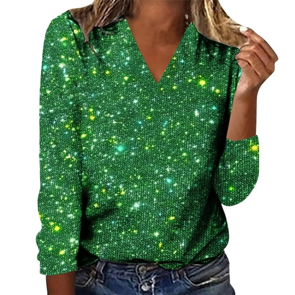 Sequin Tops for Women Glitter Boho Printed Long Sleeve V-Neck Pullover Tee Shirts Casual Relaxed Fit Workout Casual Blouses