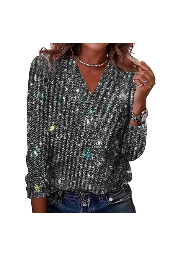 Sequin Tops for Women Long Sleeve Glitter Sparkly Shirts V Neck Dressy Date Night Party Holiday Blouses Dark Gray M