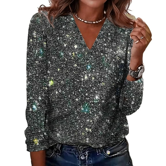 Sequin Tops for Women Long Sleeve Glitter Sparkly Shirts V Neck Dressy Date Night Party Holiday Blouses Dark Gray XL