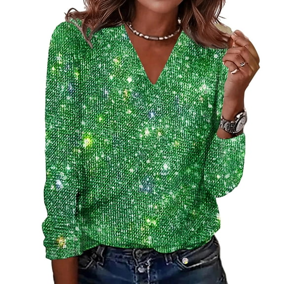 Sequin Tops for Women Long Sleeve Glitter Sparkly Shirts V Neck Dressy Date Night Party Holiday Blouses Green M
