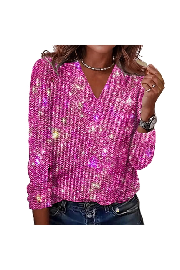 Sequin Tops for Women Long Sleeve Glitter Sparkly Shirts V Neck Dressy Date Night Party Holiday Blouses Hot Pink M