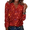 thumbnail image 1 of Sequin Tops for Women Long Sleeve Glitter Sparkly Shirts V Neck Dressy Date Night Party Holiday Blouses Red M, 1 of 6