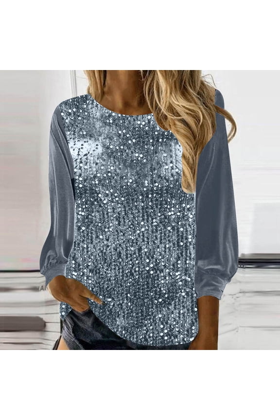 Sequin Tops for Women Long Sleeve Silver or White Glitter Dressy Evening Party Crewneck Pullover Tunic Blouse