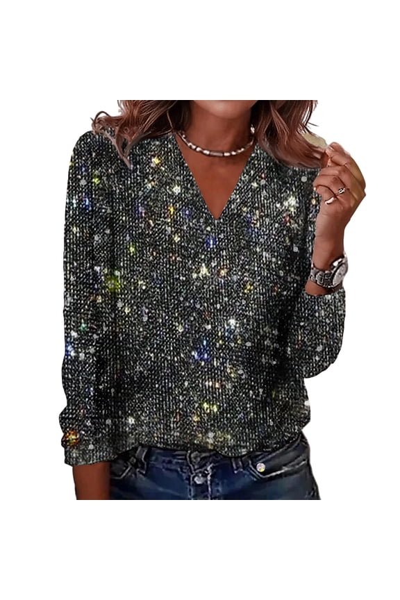 Sequin Tops for Women Long Sleeve Sparkly Shirt Glitter Party Blouses Dressy Casual Concert Disco Tops Black S