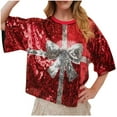 thumbnail image 1 of Sequin Tops for Women Party Night Fashion Crew Neck Graphic Print Casual Loose Short Sleeve T Shirts Y2K Blouses (Red,XL), 1 of 5