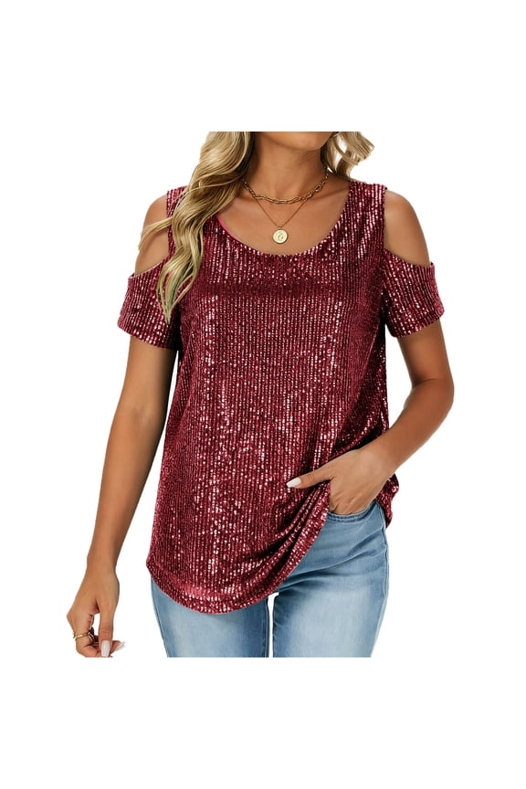 Sequin Tops for Women Short Sleeve Cold Shoulder Shimmer Glitter Blouses Sparkly Party Shirt Top