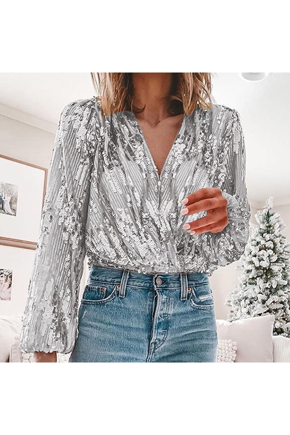 Sequin Tops for Women Sparkling Dressy V-Neck Shirt Bell Sleeve Crop Top for Office Evening Party