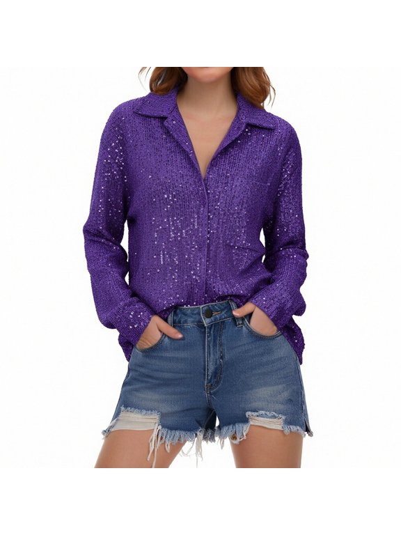 Sequin Tops for Women Sparkly Party Club Button Down Lapel Shirt Color Purple Size L