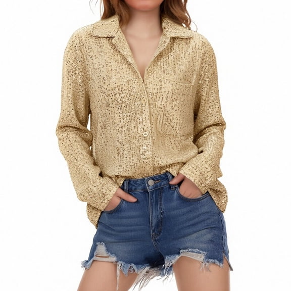 Sequin Tops for Women Sparkly Party Club Button Down Lapel Shirt Color Yellow Size L